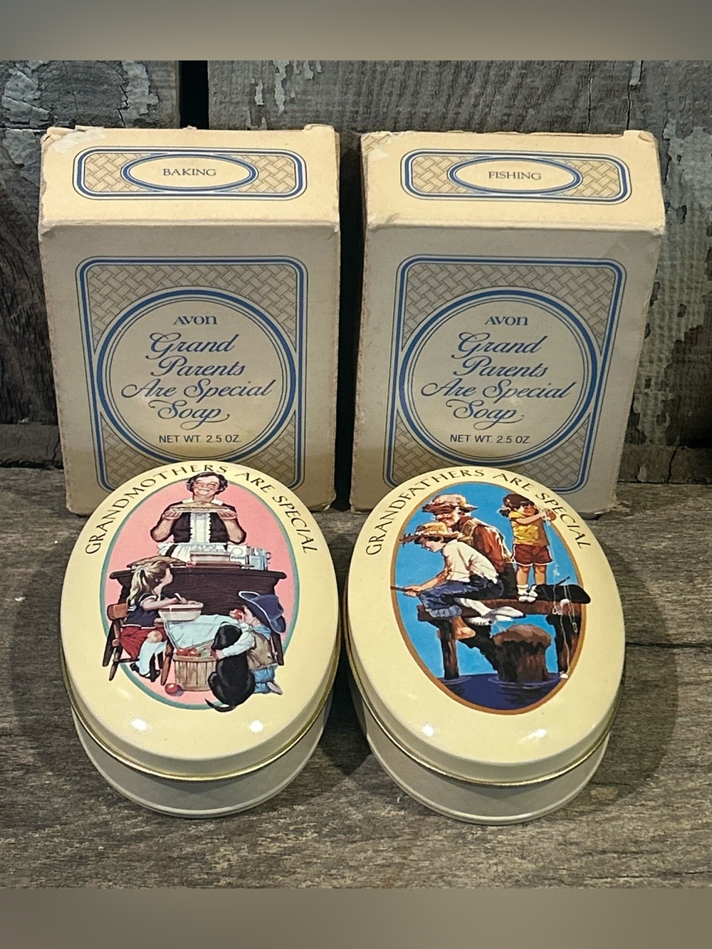 Vintage 1983 Avon Grandparents Are Special Soap & Tin Set - Baking & Fishing